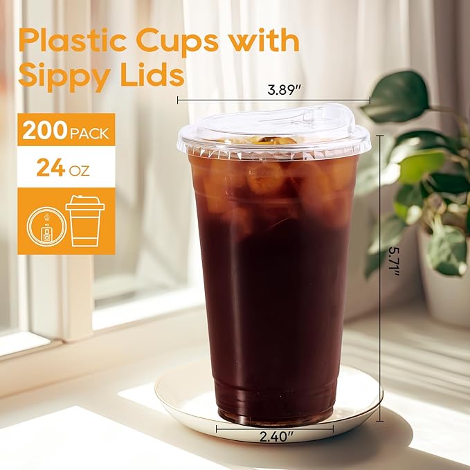 Turbo Bee 24 OZ 200 Sets Clear Plastic Cups with Strawless Sip Lids, To Go Crystal Clear Disposable Plastic Cups with Lids for Iced Coffee, Smoothies, Soda, Lemonade, Cold Beverage