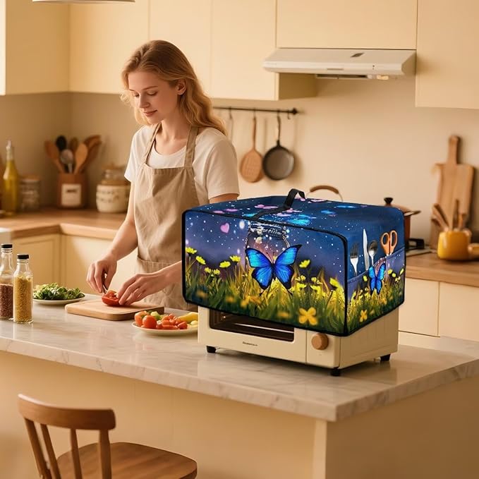 Doojoayie Butterfly Toaster Cover Dust-Proof Small Appliance Covers 8 Slice Stain Resistant Bread Machine Cover Polyester Fabric Kitchen Appliance Dustproof Protector