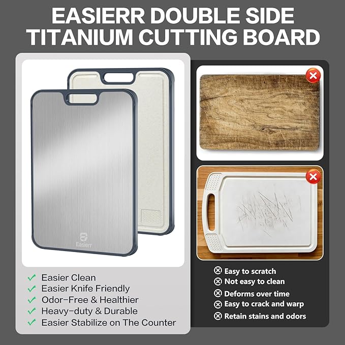 Easierr Extra Large Titanium Cutting Board for Kitchen with Juice Groove, Versatile for Chopping, Serving, Bread, Meat, Veggies, Pure Titanium and Wheat Straw PP, 17 x 12 inch