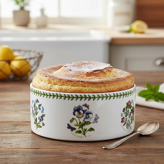 Portmeirion Botanic Garden 8-inch Soufflé Dish - Assorted Florals Motif, Porcelain Bakeware with Chip-Resistant Glaze - Oven, Microwave, Freezer, Dishwasher Safe for Everyday Use