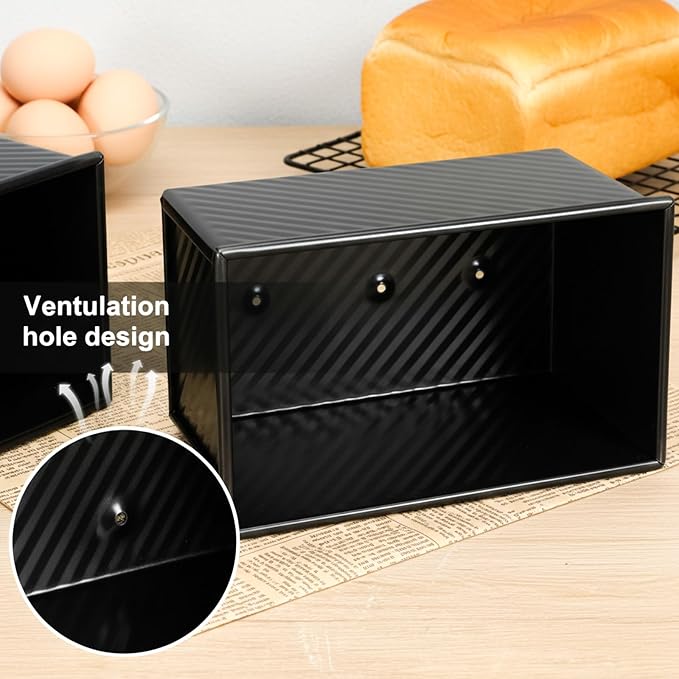 Lyksgir 2 Pack Black Pullman Loaf Pan with Lid, Non-Stick Bread Loaf Pan, 2.2lb & 1lb Carbon Steel Corrugated Toast Tin, Carbon Steel Toast Box with Cover for Homemade Bread Sandwich and Sourdough