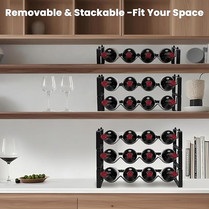 Small Wine Rack for 8 Bottles – Expandable & Stackable Metal Wine Rack for Cabinet, Countertop, Floor, or Small Spaces – Compact Wine Storage Shelf for Kitchen, Bar, or Pantry (2 Tier, Black)