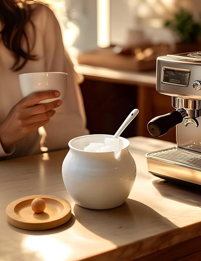 AISBUGUR Sugar Bowl with Lid and Spoon: 13oz Sugar Jar with Bamboo Lid,Ceramic Sugar Container for Coffee Bar - Countertop,Kitchen Decor, White