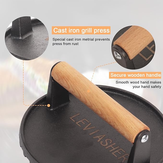 2.2lbs Heavy-Duty Griddle Press for Bacon Burger Steak Meat Paninis Burger Bacon Vegetables, Cast Iron BBQ Grill Press for Weber Blackstone Camp, Food Press for Cooking Round Wood Handle