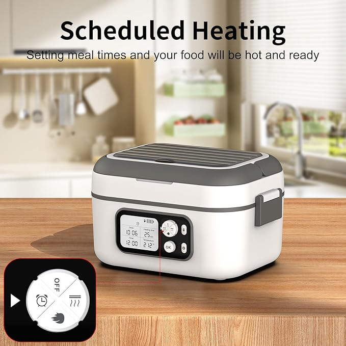 Cordless Electric Heated Lunch Box, 1.5L 6.3Cups 24000mAh Rechargeable Battery Self-Heating Lunch Box, Smart Timer, Even Heating, 100W Portable Food Warmer for Office, Picnic, Car, Outdoor