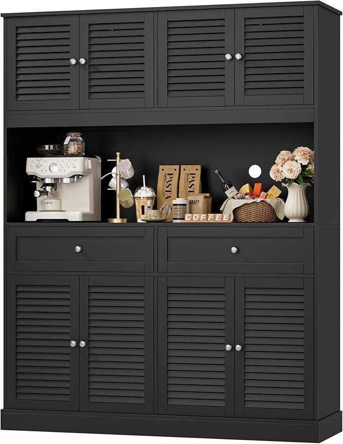 HIFIT 71" Hx55''W Large Kitchen Hutch Storage Cabinet, Farmhouse Coffee Bar Hutch with Microwave Stand, Tall Kitchen Pantry Cabinet with Louvered Doors, 2 Cable Holes, 2 Drawers, Black