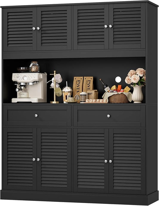 HIFIT 71" Hx55''W Large Kitchen Hutch Storage Cabinet, Farmhouse Coffee Bar Hutch with Microwave Stand, Tall Kitchen Pantry Cabinet with Louvered Doors, 2 Cable Holes, 2 Drawers, Black