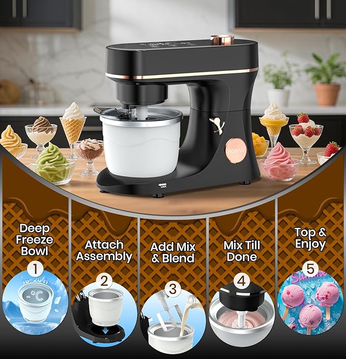 Bonnor Stand Mixer Set, 6QT Kitchen Mixer with LED Touchscreen, 11-Speed Tilt-Head Mixer with Timer, 4 Preset Menus, Stainless Steel Bowl, Hook, Whisk, Beater,Plus 2QT Ice Cream Maker Attachment,Black