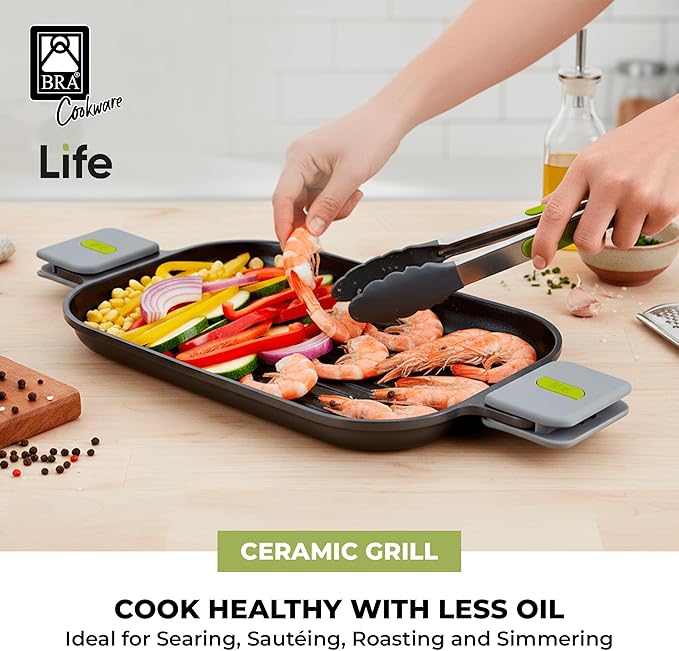 BRA COOKWARE Life Ceramic Nonstick Grill | 12.6 x 9.4 Inch Recycled Cast Aluminum Smooth Plate | Ceramic Non-Stick | Ceramic Non-Stick Coating | PFOA Free | All Cooktops| Removable Handles