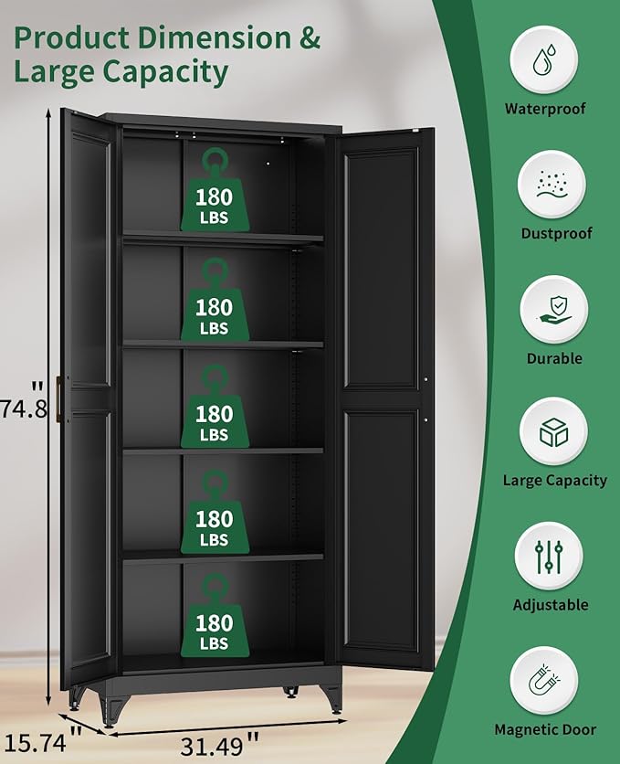 Metal Garage Storage Cabinet with 2 Doors and 4 Shelves,74.8 Kitchen Pantry Cabinet with Anti-Tip Kit & Adjustable Feet, Tall File Tool Cabinets for Office,Home,Garage,Gym