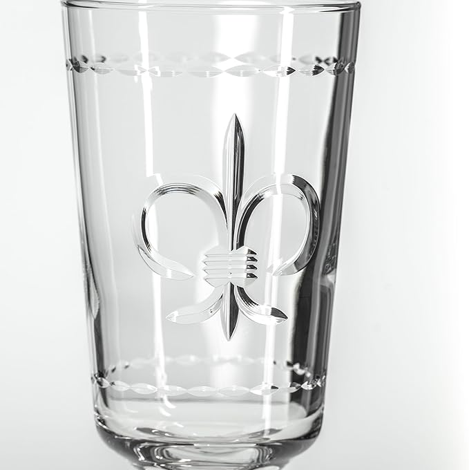 Rolf Glass Fleur De Lis Footed Highball Glass | Set of 4 10oz Footed Cocktail Highball Tumbler | Lead-Free Diamond-Wheel Engraved Glass | Made in the USA