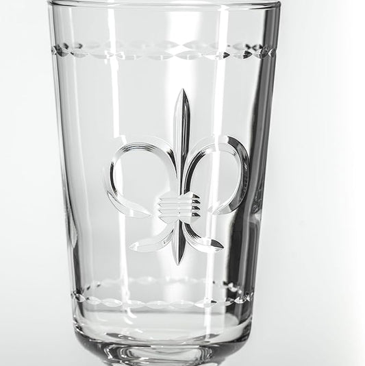 Rolf Glass Fleur De Lis Footed Highball Glass | Set of 4 10oz Footed Cocktail Highball Tumbler | Lead-Free Diamond-Wheel Engraved Glass | Made in the USA