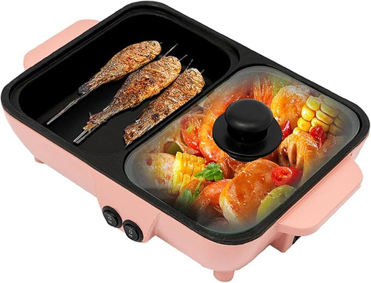 Hot Pot Electric with Grill 2 in 1 Indoor Non-Stick Shabu Pot and Frying Pan 1200W Portable Dual Temperature Control Fast Heating for BBQ, Steaks (Pink)