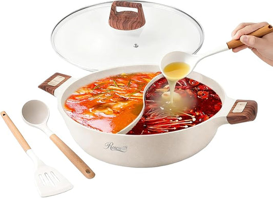 Rosewill 4.2QT Double Flavor Non-Sticking Shabu Shabu Hot Pot with Divider, 13 inch Divided Stockpot for Cooking, Hot Pot for Induction Cooktop & Gas Stove, Electric Burner - Beige