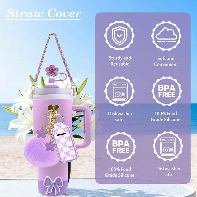 Accessories Set Including Water Bottle Handle Strap, Silicone Boot, Resin Butterfly Straw Cover, Straw Topper, Lip Balm Sleeve, Butterfly & Hairball Charms for Stanley Cup Tumbler