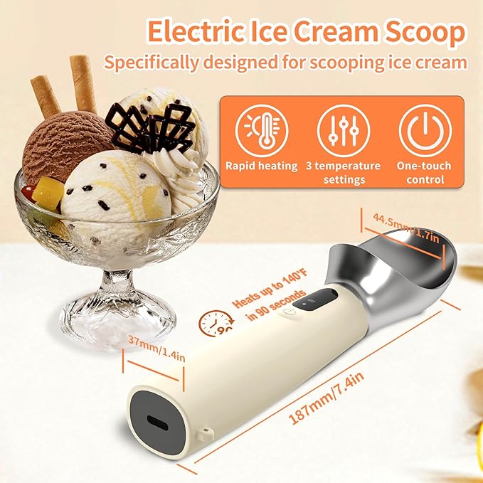 Heated Ice Cream Scoop Rechargeable, IP67 Waterproof Electric Warming Ice Cream Scooper with LED Display, Heats to 70°C for Hard Ice Cream, Easy for Seniors & Kids (Beige)
