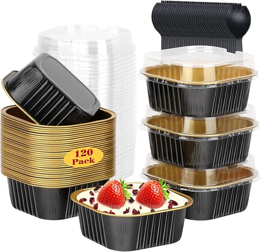 LNYZQUS 120pack/10oz Mini Cake Pans with Lids, Small Foil Baking Tins Brownie Baking Cups,4”x4” Disposable Ramekins Jumbo Cupcake Muffin Pan Mini Aluminum Containers Holders-Black