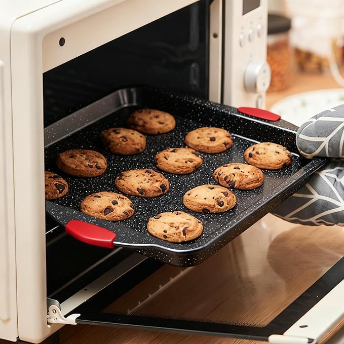 Anveena 3-Piece Nonstick Kitchen Oven Baking Pans - Premium & Stylish Non-Stick Steel, Commercial Grade Restaurant Quality Metal Bakeware with Red Silicone Handles - Easy to Clean black