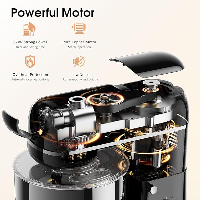 Honinst Stand Mixer, 7-IN-1 6.5QT 660W Multifunctional Electric Kitchen Mixers with Blender, Meat Grinder, Dough Hook, Whisk and Beater, 8-Speed Food Mixer for Baking, Cooking, Food Processing, Black