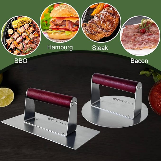 Stainless Steel Burger Press, Hamburger Press, Heavy Duty Meat Press, 8 Inch Bacon Press & 6.3 Inch Round Burger Smasher with Wood Handle, Grill Press for Smashburger, BBQ Bacon Up, Beef