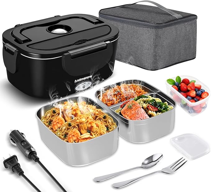 Electric Lunch Box 80W Food Heater with Dual Container, Portable Lunch Warmer for Adults, Upgraded Heated Lunch Box for Car/Truck/Office,110/24/12V 1.5L