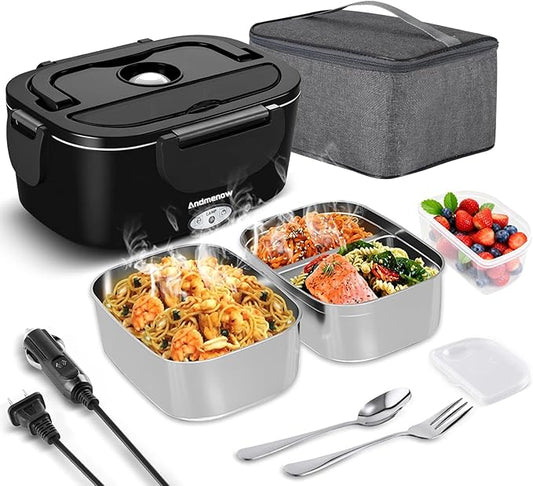 Electric Lunch Box 80W Food Heater with Dual Container, Portable Lunch Warmer for Adults, Upgraded Heated Lunch Box for Car/Truck/Office,110/24/12V 1.5L