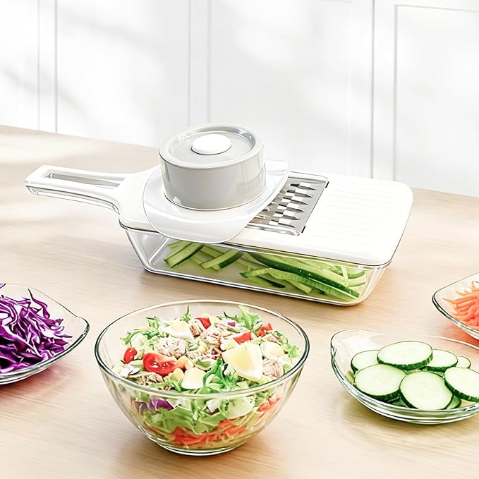 Mandoline Slicer for Kitchen with Drain Box, 6-in-1 Handheld Vegetable Slicer for Salad Prep, Cucumber & Cabbage Slicer with Safety Guard, Upgraded Long Handle Veggie Slicer for Easy Cleaning
