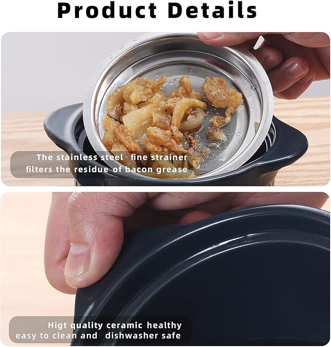 ONTUBE Ceramic Bacon Grease Container Keeper with Strainer, Frying Oil Storage Can, Navy