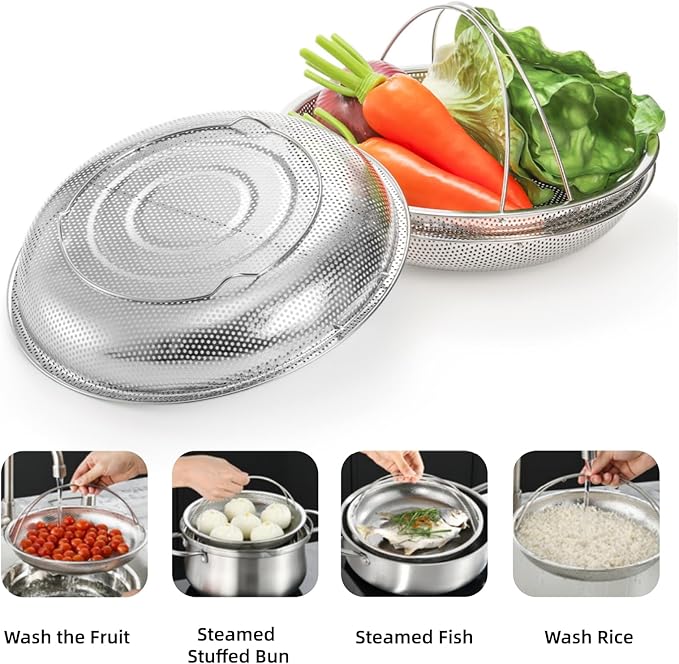 3 Pack Steamer Basket for Cooking, Micro-Perforated Strainer Colander Set, Stainless Steel Vegetable Veggie Steamer Rack for Pot, All-In-One Steaming Rack Stand with Handles, Dishwasher Safe