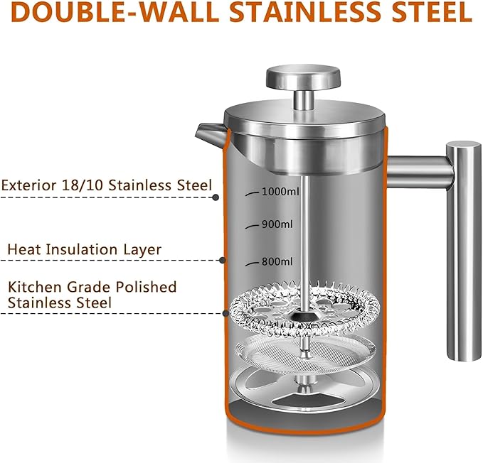 WORBIC Large French Press Coffee Maker 50oz (1.5L), 304 Stainless Steel Double Wall Insulated Tea Press for Camping, Backpacking, Party, Travel, Gift Set, Dishwasher Safe (Silver, 6-8 Cups)