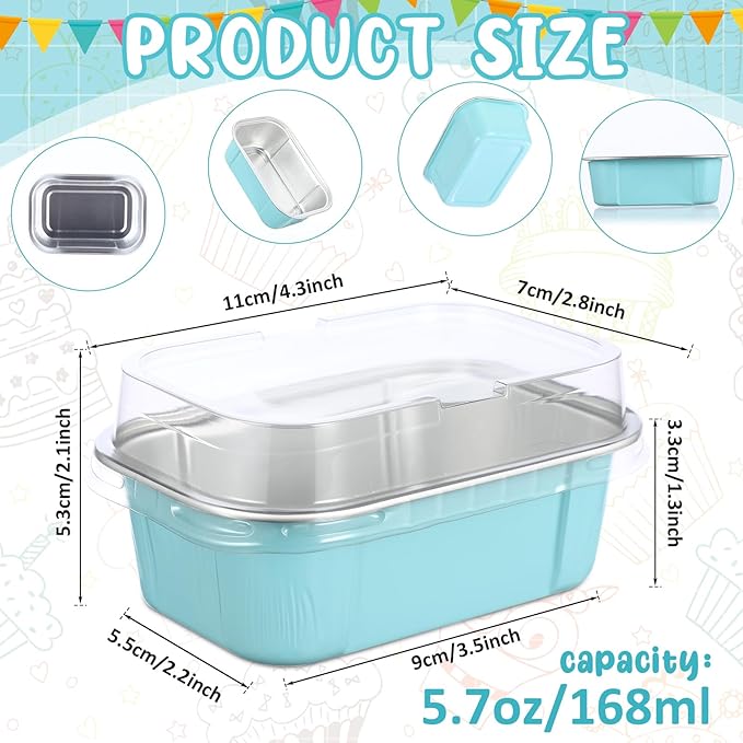 Vesici 100 Sets Mini Loaf Pans with Lids, 5.7 oz Disposable Aluminum Foil Baking Cups, Rectangle Cake Pans for Pudding Desserts Muffin Baking Storage Valentines Wedding Birthday Party(Powder Blue)