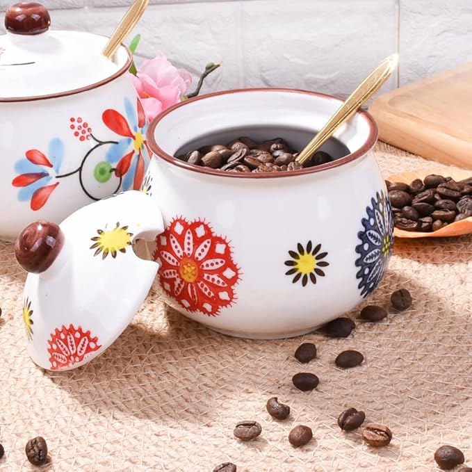 Ceramic Sugar Bowls with Spoons, Salt Jar Seasoning Container with Lid for Home and Kitchen (XYH)
