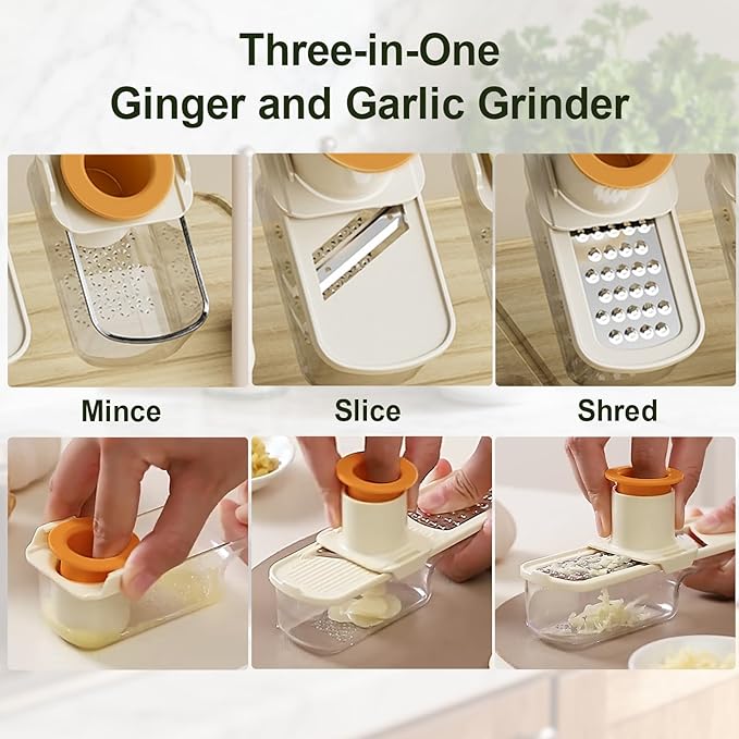 Mini Multifunctional Garlic Grinder, 3-in-1 Garlic Slicer Veggie Shredder with Container, Durable Stainless Steel Blades, Easy to Use and Clean for Kitchen (Green)