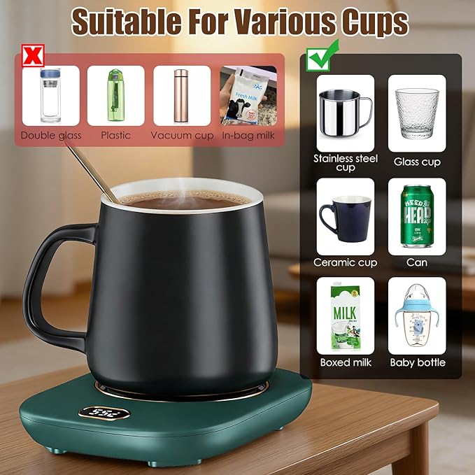 USB Coffee Mug Warmer Electric Cup Warmer for Desk Wired Milk Beverage Cup Heater Heating Plat with 3 Temperature Setting for Office Home (Green)