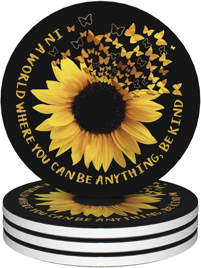 Coasters for Drinks,Set of 4 Absorbent Coasters,Sunflower Flower Ceramic Coasters with Cork Base,Cup Coaster for Coffee Table Protection,Gifts for Housewarming Birthday - Home Decor