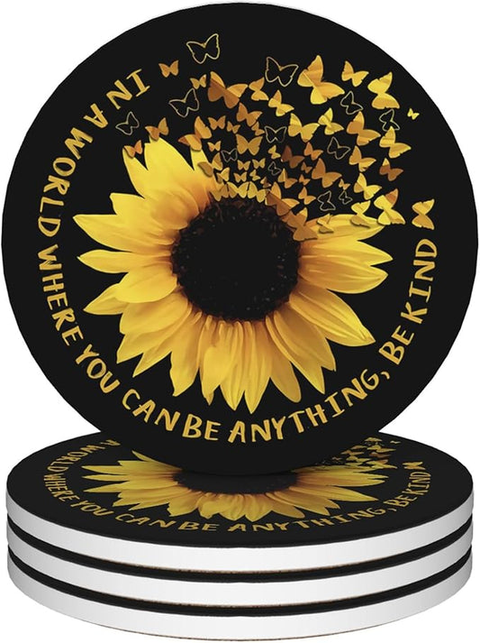 Coasters for Drinks,Set of 4 Absorbent Coasters,Sunflower Flower Ceramic Coasters with Cork Base,Cup Coaster for Coffee Table Protection,Gifts for Housewarming Birthday - Home Decor