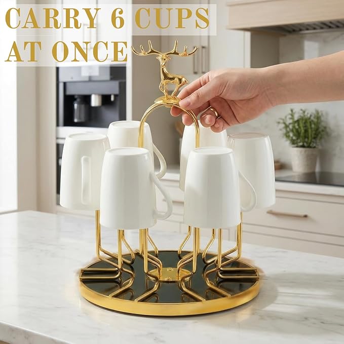 Rotating Cup Drying Rack Stand, 6 Cups Drinking Glass Holder, Non-Slip Steel Mug Drainer Organizer, Glass Cup Stand with Silicone Protective Hooks, Tumbler Dryer Tree for Kitchen, Countertop