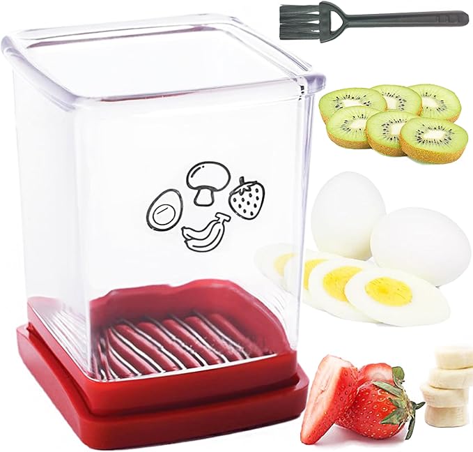 Cup Speed Slicer with Push Plate,Multifunctional Slicer Cup With Cleaning Brush*1,Egg Banana Strawberry Cutter,Portable Slicing Tool,Kitchen Gadget for Making Salad/Breakfast/Desserts, Red