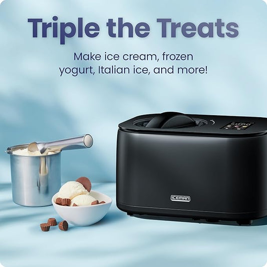 Iceman by Chefman Ice Cream Maker, No Pre-Freezing with Built-In Compressor, Makes Ice Cream, Froyo, Sorbet, Sherbet, Italian Ice, Frozen Yogurt, Digital Display w/ 3 Presets, 2 Pint Inserts Included
