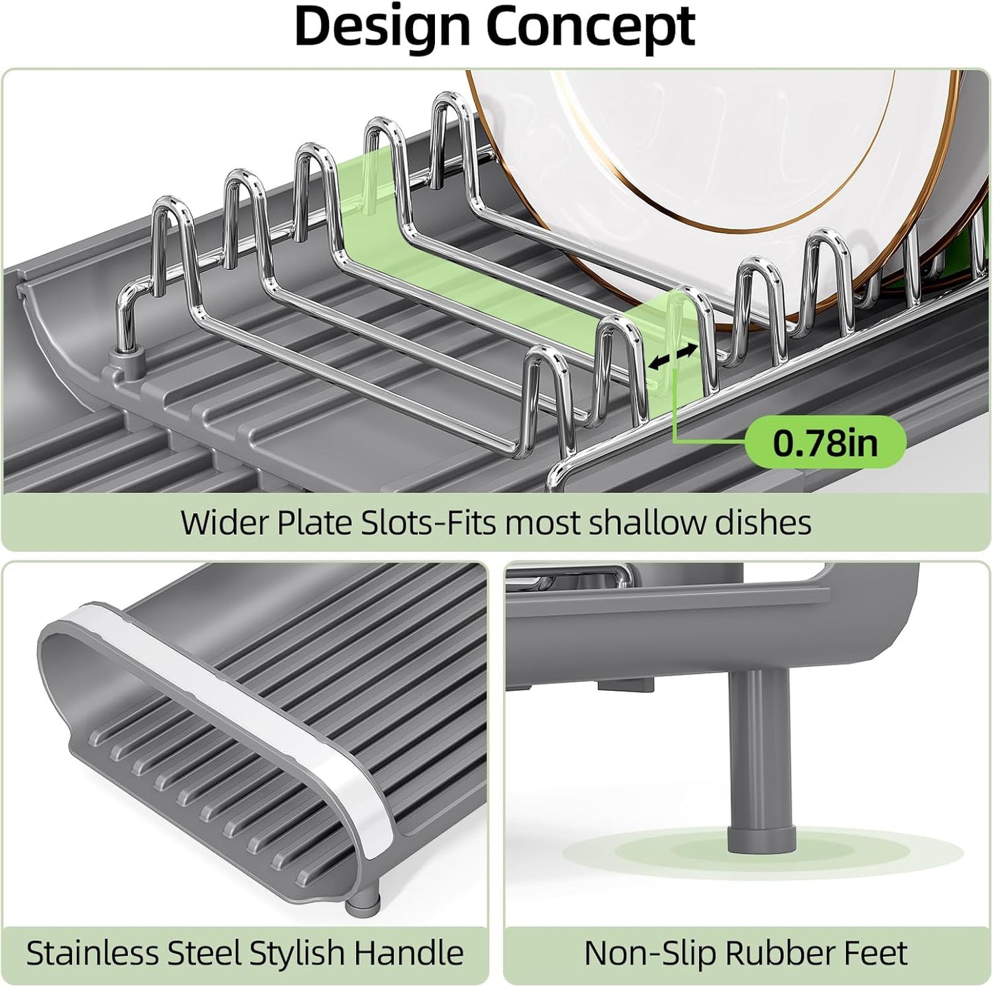 TOOLF Small Dish Drying Rack, Mini Expandable Compact Dish Rack, Slim Extendable Stainless Steel Dish Drainer for Kitchen Plate Storage, Space Saving Dish Strainer in Sink or on Home Countertop, Gray
