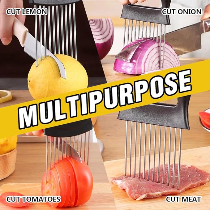 Onion Slice Holder, 2025 Upgraded Stainless Steel Onion Holder for Slicing Lemon Slicer Vegetable Cutter, Kitchen Chopper Slicing Assistant Tool for Meat, Onion, Potato, Tomato (1, A)