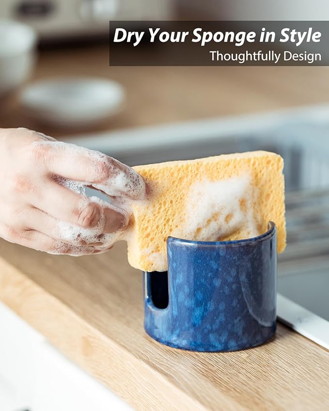 Kitchen Sponge Holder, Ceramic Sponge Organizer Scrubby Holder Dish Rack for Kitchen and Bathroom, Farmhouse Decor, Blue