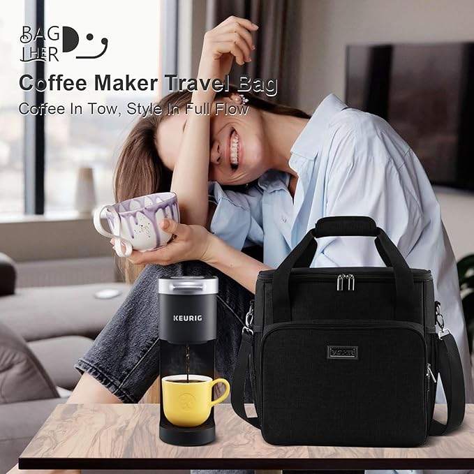 BAGLHER Coffee Maker Travel Bag Compatible with Keurig K-Mini, Keurig K-Express, Keurig K-Iced or Other Accessories, Portable Coffee Maker Case with Shoulder Strap for Travel, Black