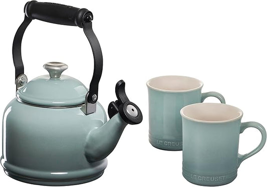 Le Creuset Enamel On Steel Demi Kettle with Metal Finishes & Stoneware Set of 2 Mugs, 1.25 qt. Kettle & (2) 14 oz. Mugs, Sea Salt