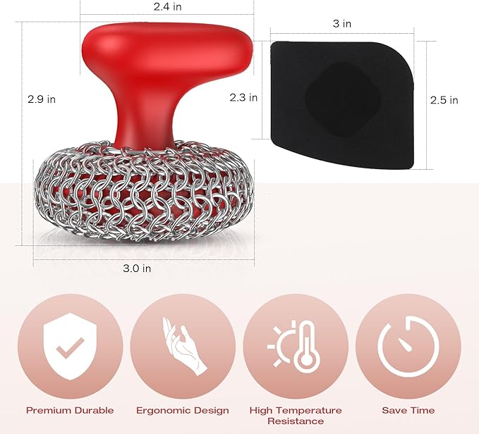 Purgreat Cast Iron Scrubber | Dish Scrub Brush | 316 Cast Iron Cleaner Chainmail Scrubber for Pan Skillet Cleaner - Red