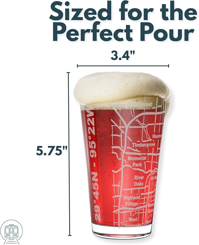 Greenline Goods – Houston, TX Map Pint Beer Glasses (Set of 2), 16 oz – Etched Wrap Design