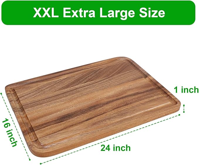 Extra Large Bamboo Wood Cutting Board for Kitchen, XXL Organic Acacia Wooden Butcher Block Chopping/Carving Board with Juice Groove for Turkey, Meat, Veggies, BBQ (XXL, 24" x 16"）