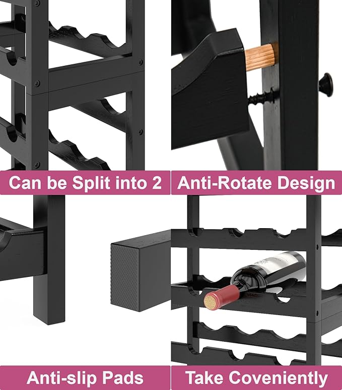6 Tier Bamboo Wine Rack Freestanding Floor, 48 Bottles Wine Storage Shelves with Table Top, Stackable Wine Display Rack for Kitchen, Bar, Dining Room (Ivory White and Black, 48 Bottles)