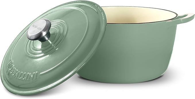 ROSSALLINI Signature Enameled Cast Iron Dutch Oven, Non-Stick Serving Pot with Tight Fitting Lid for Perfect Roasting, Baking, Sauteing, and Bread Making | 7.4Q (7L) - Sage