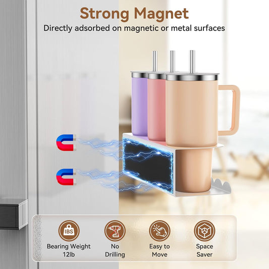2 Pack Magnetic Cup Holder for Fridge, Water Bottle Organizer for Stanley 30&40 oz Tumbler Metal Stanley Cup Accessories Organizer for Home Kitchen Outdoor (White)